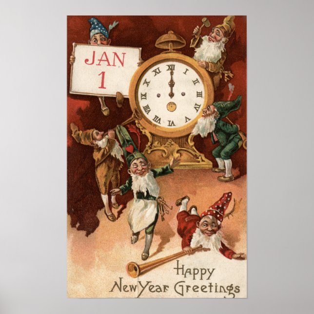 Gnomes Partying Around a Clock Poster (Front)