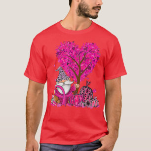 Gnomes Pumpkin Tree Autumn Breast Cancer Awareness T-Shirt