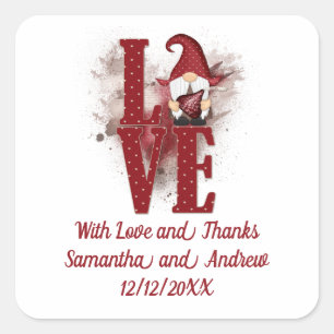 Gnomes Red Love Cute Wedding  Square Sticker