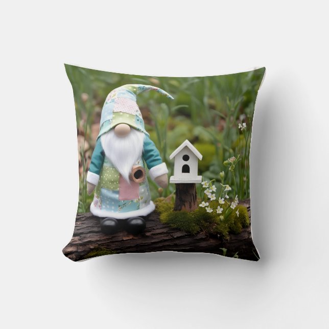 Gnome's Spring Retreat: Birdhouse Landscape Cushion (Front)