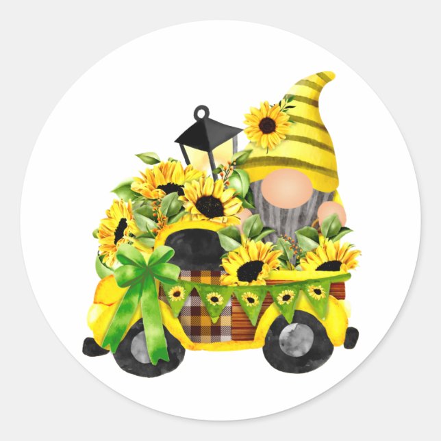 Gnomes Sunflower Truck Classic Round Sticker (Front)