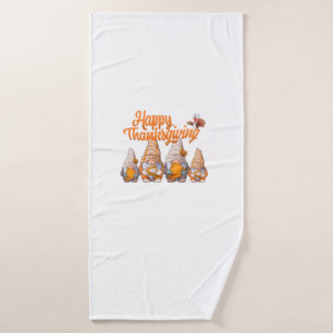 Gnomes Thanksgiving Disguise Holding Turkey and Pu Bath Towel