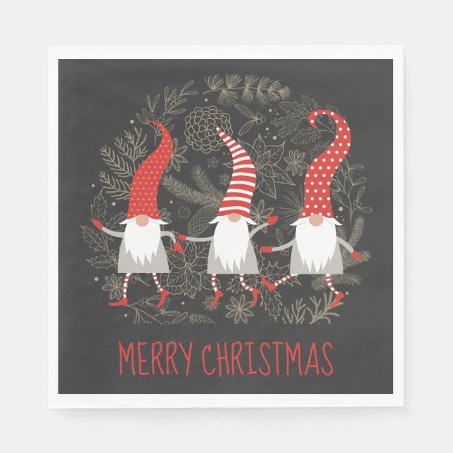 Gnomes Whimsical  Merry Christmas Red Black Napkin (Front)