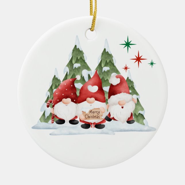 Gnomes Wishing You a Merry Christmas on a Ceramic Tree Decoration (Front)