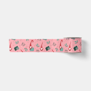 Gnomes with Christmas trees and gifts on pink Satin Ribbon