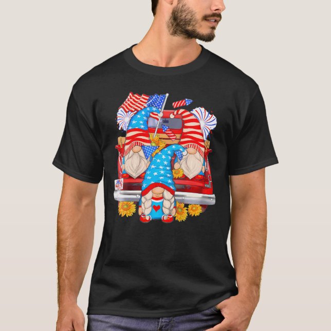 Gnomes With Truck America Flag 4Th Of July Indepen T-Shirt (Front)
