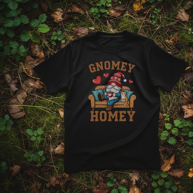 Gnomey homey gnome at home design T-Shirt (Gnomey homey men's black t-shirt - laid back gnome at home design.)