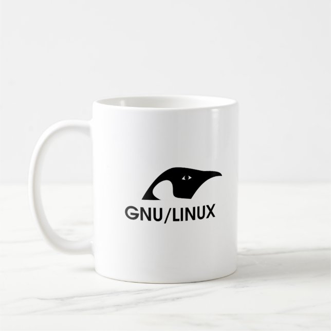 GNU/Linux Penguin logo mug with command line (Left)