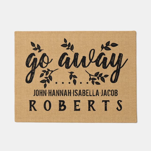 Go Away Funny Burlap Leaf Farmhouse Personalised Doormat (Front)
