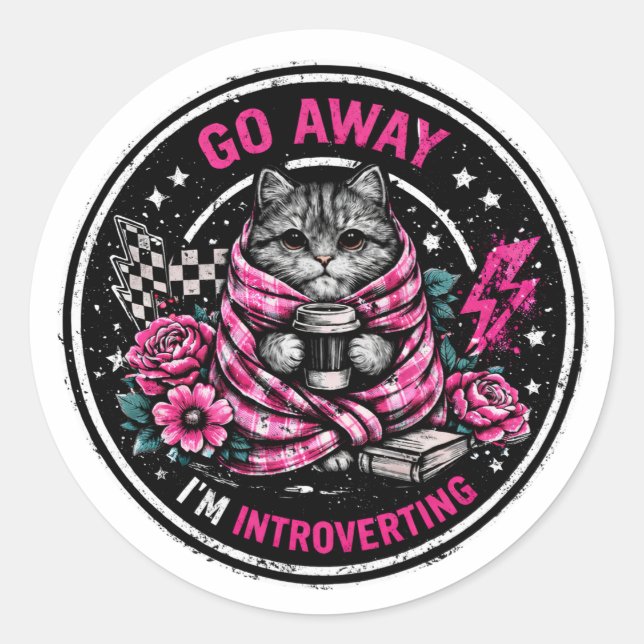 Go Away I’m Introverting Cute Cat Wrapped Classic Round Sticker (Front)