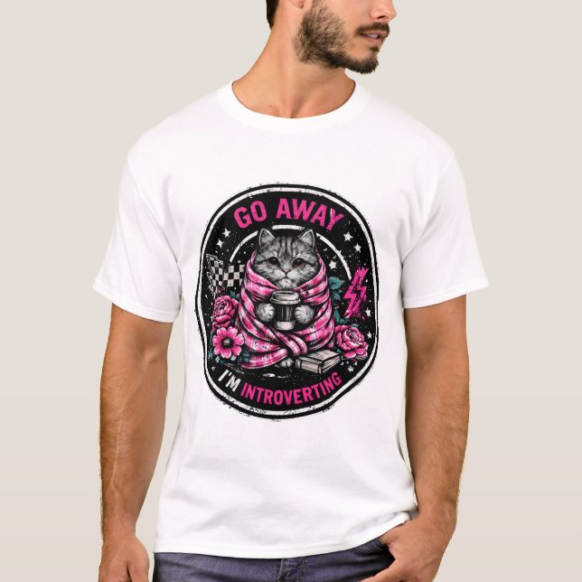 Go Away I’m Introverting Cute Cat Wrapped T-Shirt (Front)