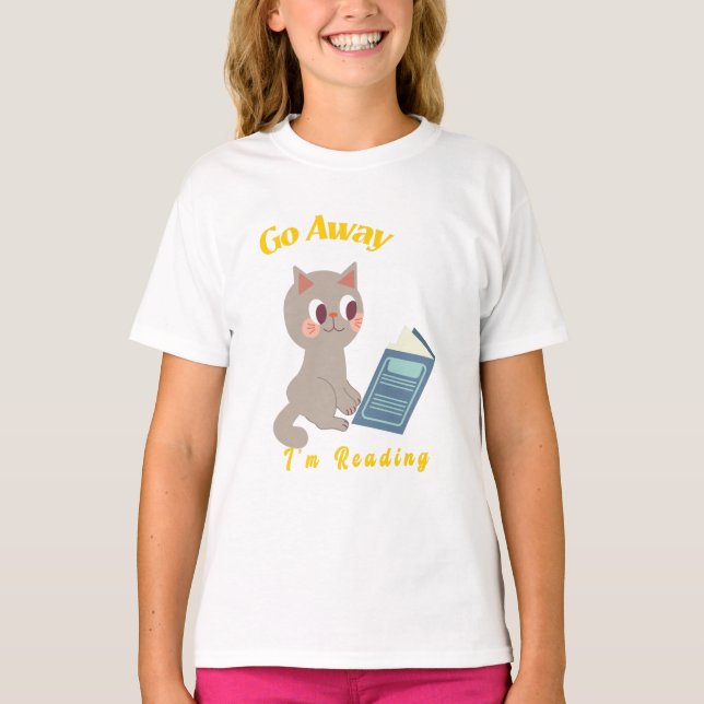 Go Away, I'm Reading Funny Cat Reading T-Shirt (Front)