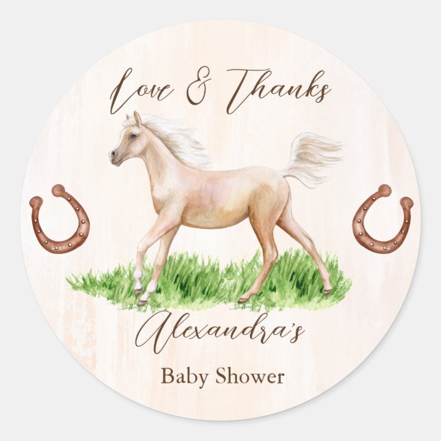 Go baby go running beige horse foal baby shower classic round sticker (Front)