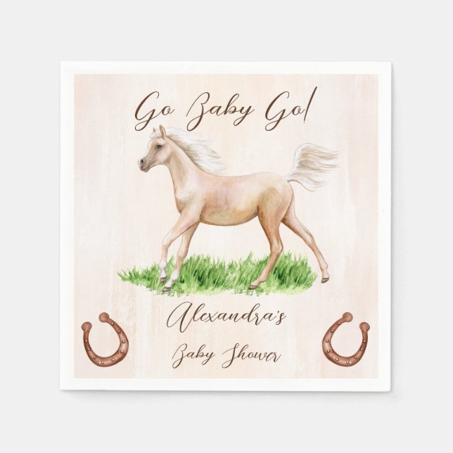 Go baby go running beige horse foal baby shower napkin (Front)