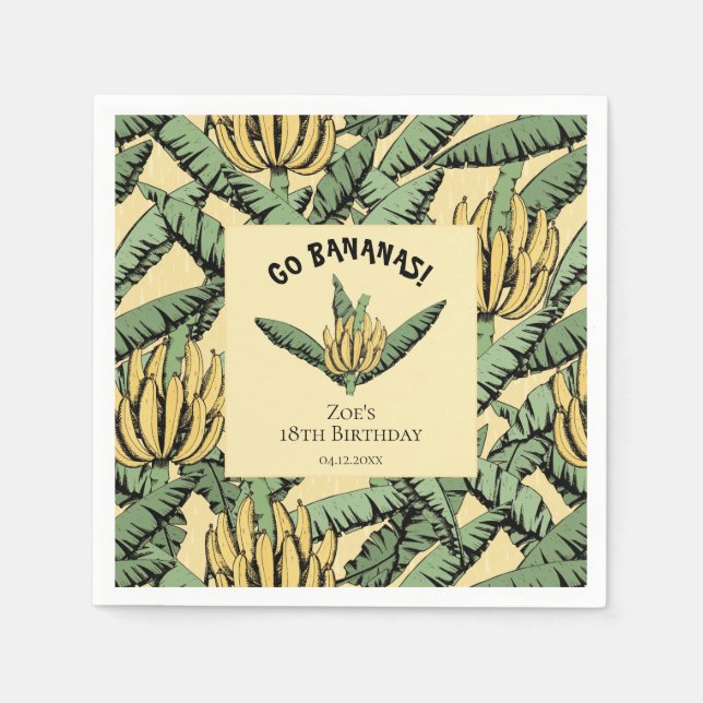 Go Bananas Yellow Tropical Yellow Banana & Leaves Napkin (Front)