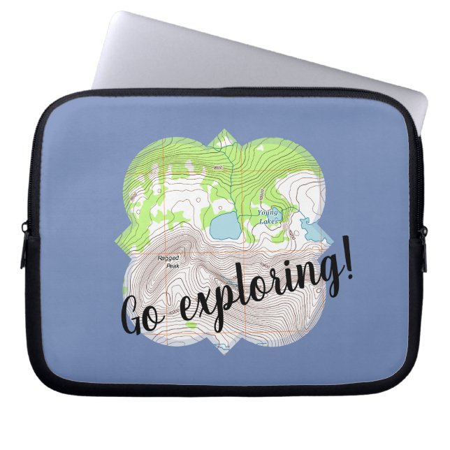 "Go Exploring" Topographic Map Quatrefoil Laptop Sleeve (Front)