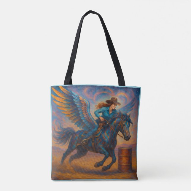 Go Fast! Barrel Racer And Winged Horse Tote Bag (Back)