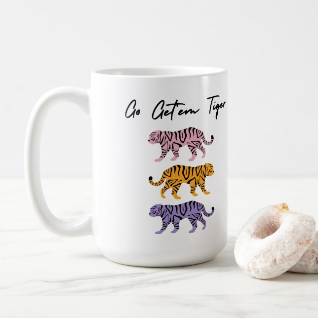 Go Get'em Tiger Orange Pink Purple Inspirational Coffee Mug (With Donut)