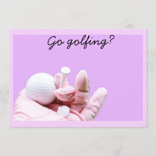 Go Golfing? lady golfer is holding golf ball Invitation