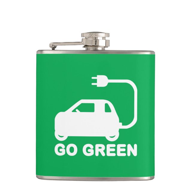 Go Green ~ Drive Electric Cars Hip Flask (Front)