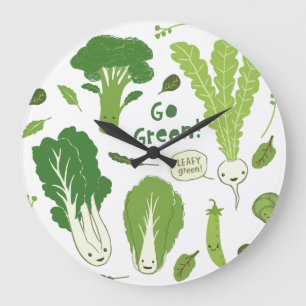 Go Green! Leafy Green! Happy Garden Veggies Large Clock