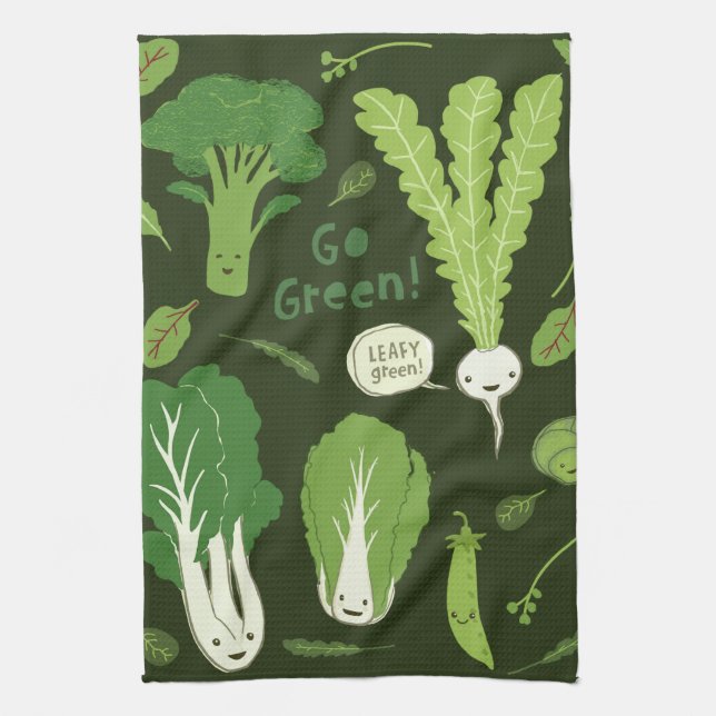 Go Green! (Leafy Green!) Happy Veggies Tea Towel (Vertical)