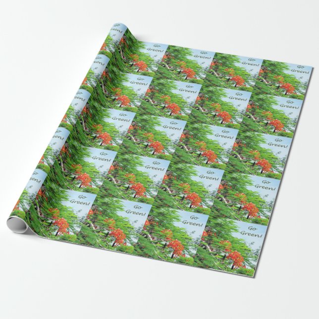 Go Green Red Flame Tree Wrapping Paper (Unrolled)