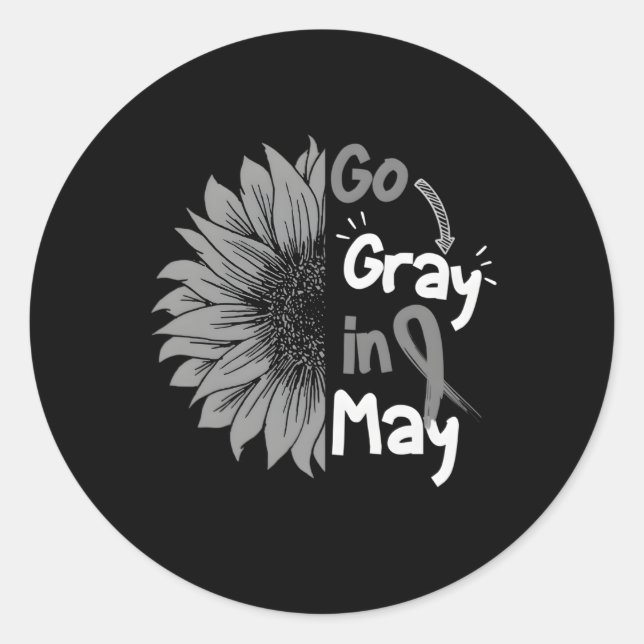 Go Grey In May Brain Cancer Awareness Grey Ribbon Classic Round Sticker (Front)