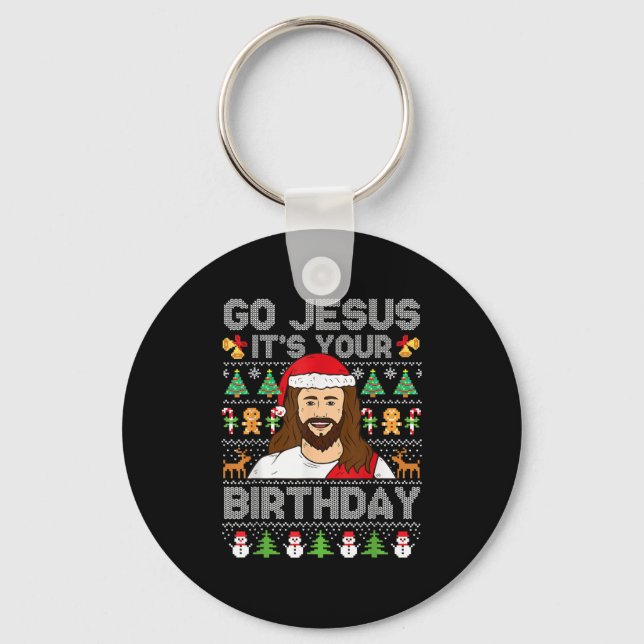 Go Jesus It's Your Birthday Ugly Christmas Sweater Key Ring (Front)