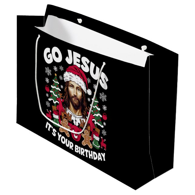 Go Jesus It's Your Birthday Ugly Christmas Sweater Large Gift Bag (Front Angled)