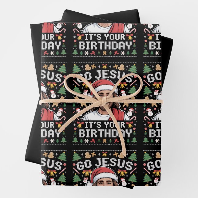 Go Jesus It's Your Birthday Ugly Christmas Sweater Wrapping Paper Sheet (In situ)