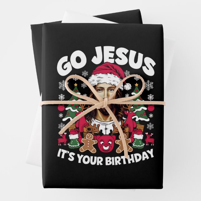 Go Jesus It's Your Birthday Ugly Christmas Sweater Wrapping Paper Sheet (In situ)