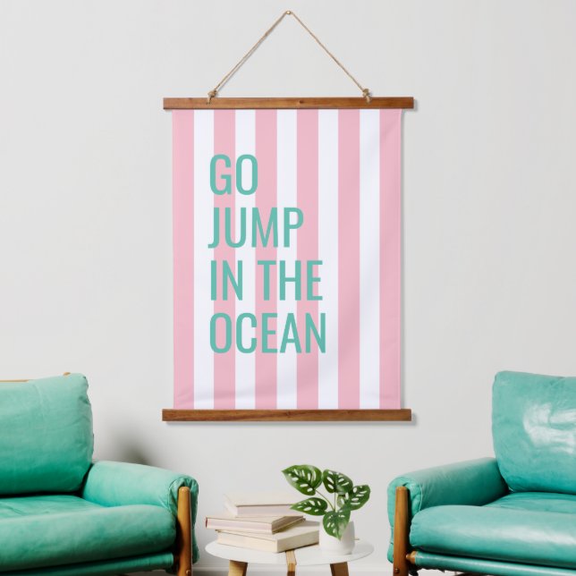 Go Jump In The Ocean Pink Cabana Stripe Hanging Tapestry (Living Room)