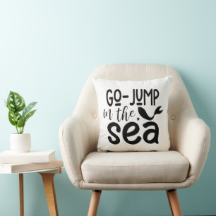 Go Jump in the Sea Black White Throw Pillow