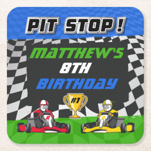 Go Kart Chequered Flag Birthday Square Paper Coaster