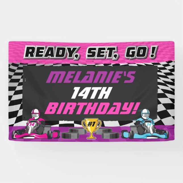 Go Kart Girls Birthday Party Racing  Banner (Horizontal)