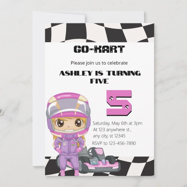 GO-KART Girly Five Birthday | Girl Any Age  Invitation (Front)