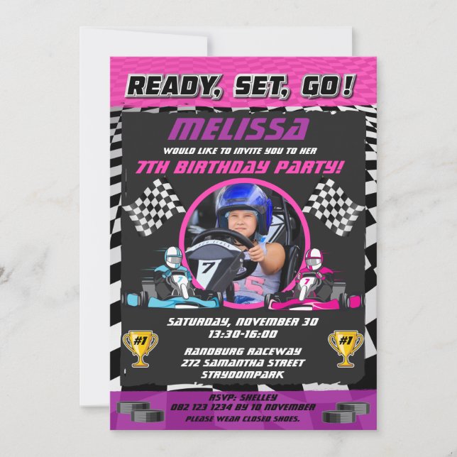 Go Kart Racing Car Girls Photo Birthday Party Invitation (Front)