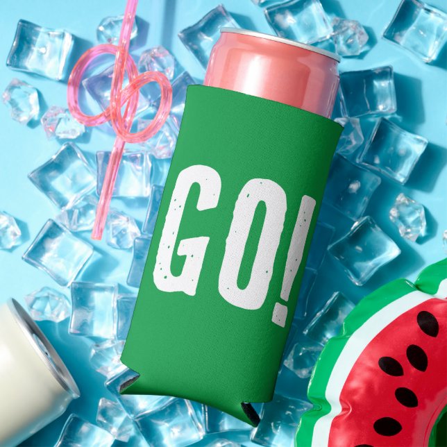 GO! or STOP! Funny Quote. Red and Green Seltzer Can Cooler (In Situ Summer)