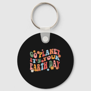 Go Planet Its Your Earth Day Retro Groovy Key Ring
