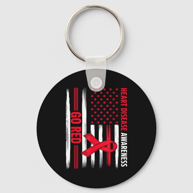 Go Red Heart Disease American Flag Heart Disease A Key Ring (Front)