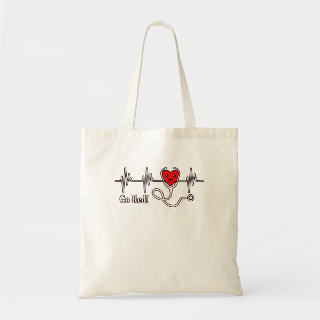 Go Red Heartbeat Heart Disease Awareness Survivor Tote Bag (Front)