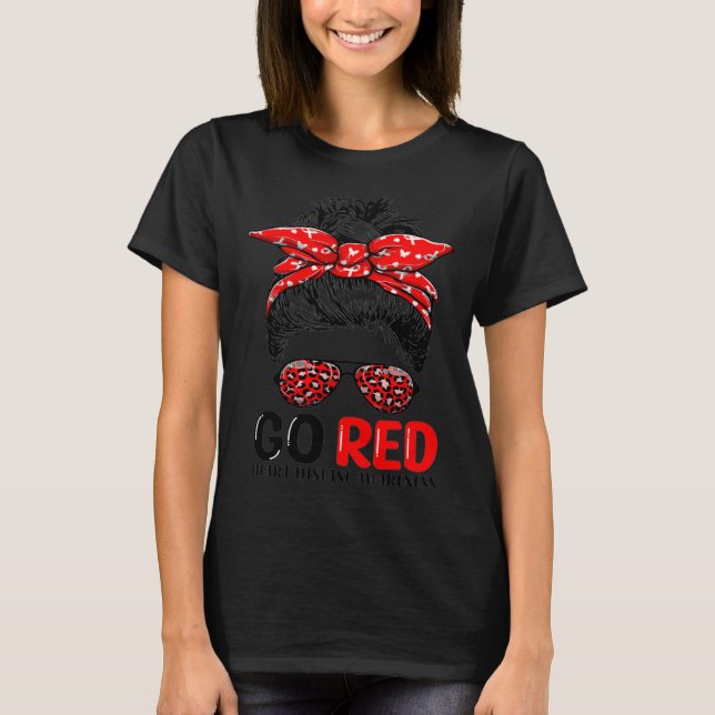 Go Red Messy Hair Bun Woman Leopard Heart Disease  T-Shirt (Front)