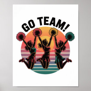 Go Team Cheerleading Retro Sunset Pom Pom Jump Poster