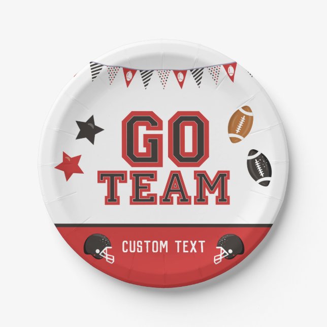 Go Team Football Fan Red and Black Festive Sports Paper Plate (Front)