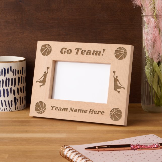 Go Team Full Name Simple Basketball Rustic Script Etched Frames (Left)