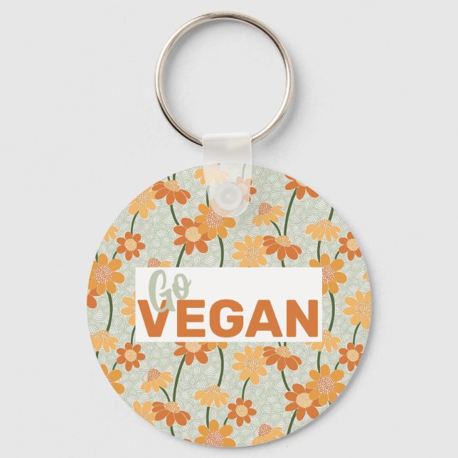 Go Vegan! Pretty retro muted 1970s flowers Key Ring (Front)