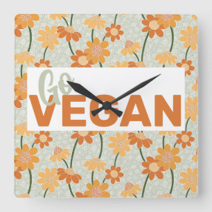 Go Vegan! Pretty retro muted 1970s flowers Square Wall Clock