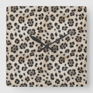 Go Wild Snow Leopard Warm Faux Fur Look Square Wall Clock