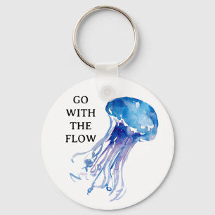 “Go with the Flow”  jellyfish illustration blue Key Ring